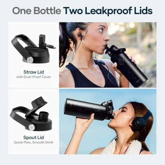 Buzio Duet Series Water Bottle with 2 Lids and Sleeve 1.2L - Starry Black